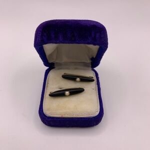 Pair of antique Victorian 14K gold onyx and natural seed pearl bar pin